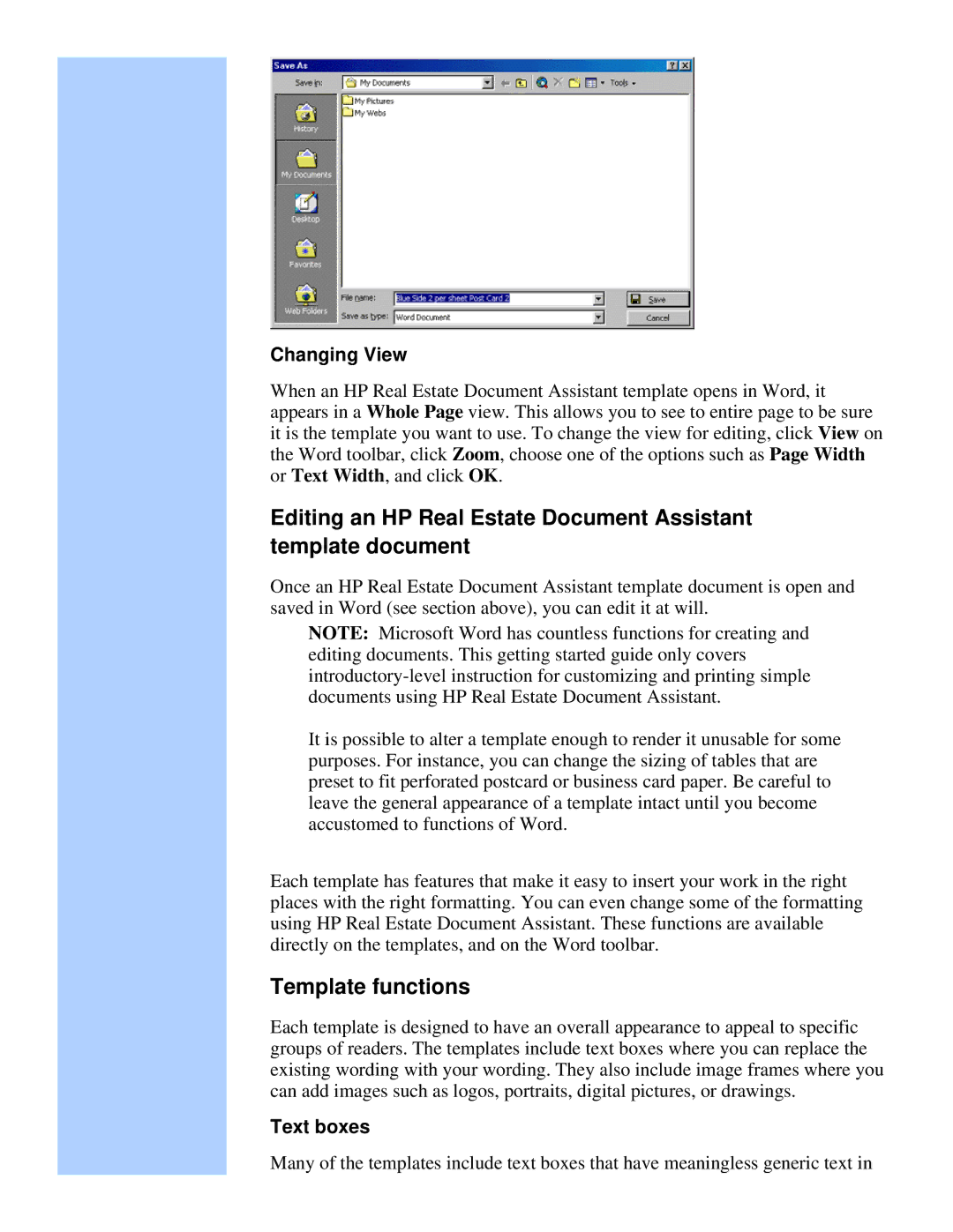 HP Camera Real Estate Software manual Template functions, Changing View, Text boxes 