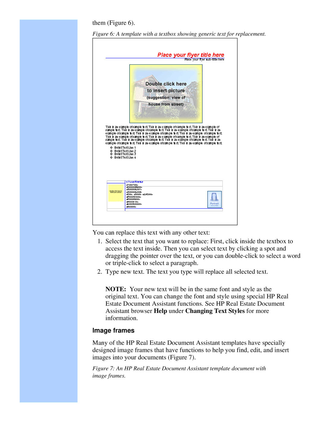 HP Camera Real Estate Software manual Image frames, Template with a textbox showing generic text for replacement 