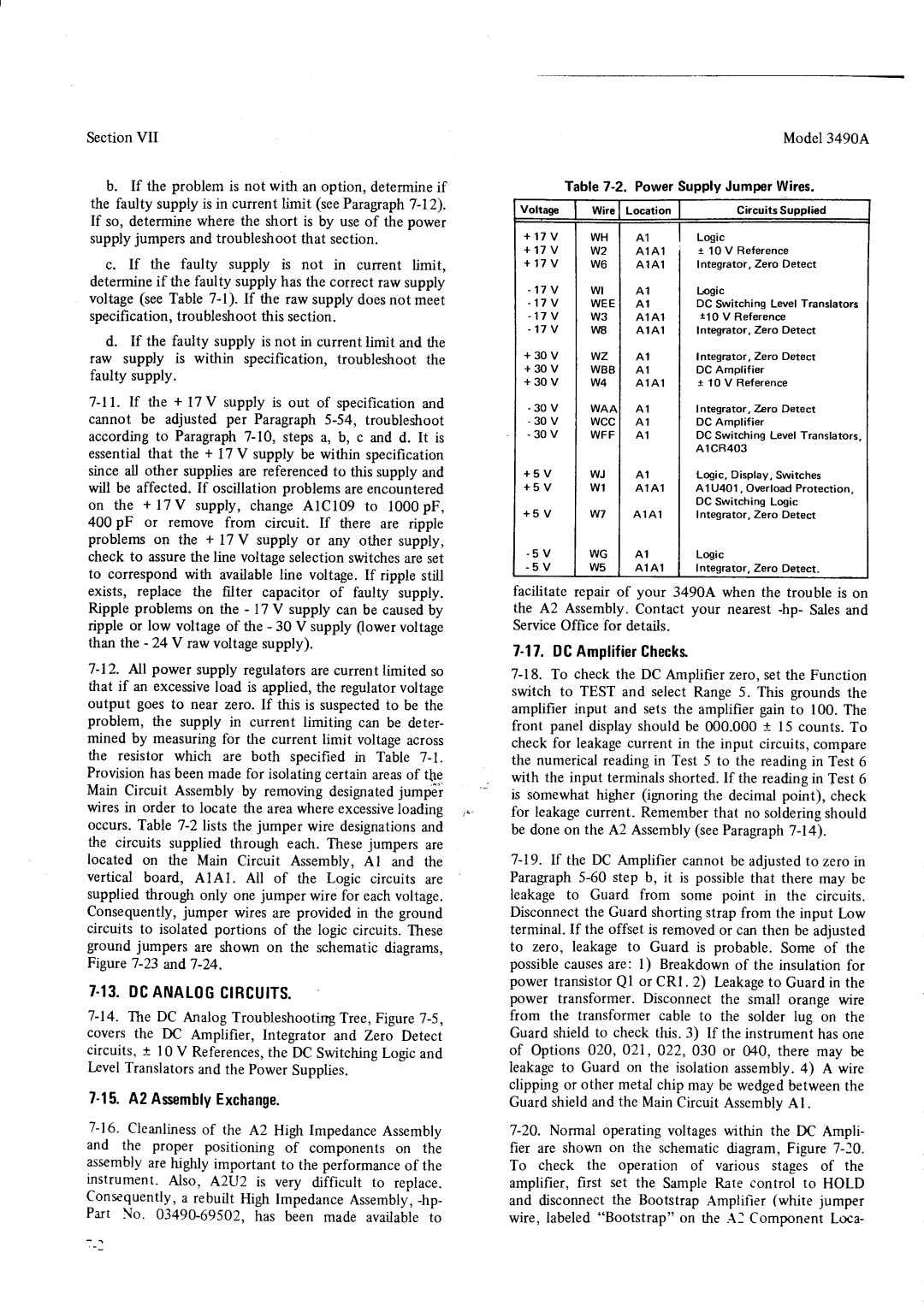 HP Car 3490A manual 13DC.ANAL0cCtRCUtTS, AZAsemblyExchange, DCAmplifierChecks, TableT-2. PowerSupplyJumperWires, Wcc 
