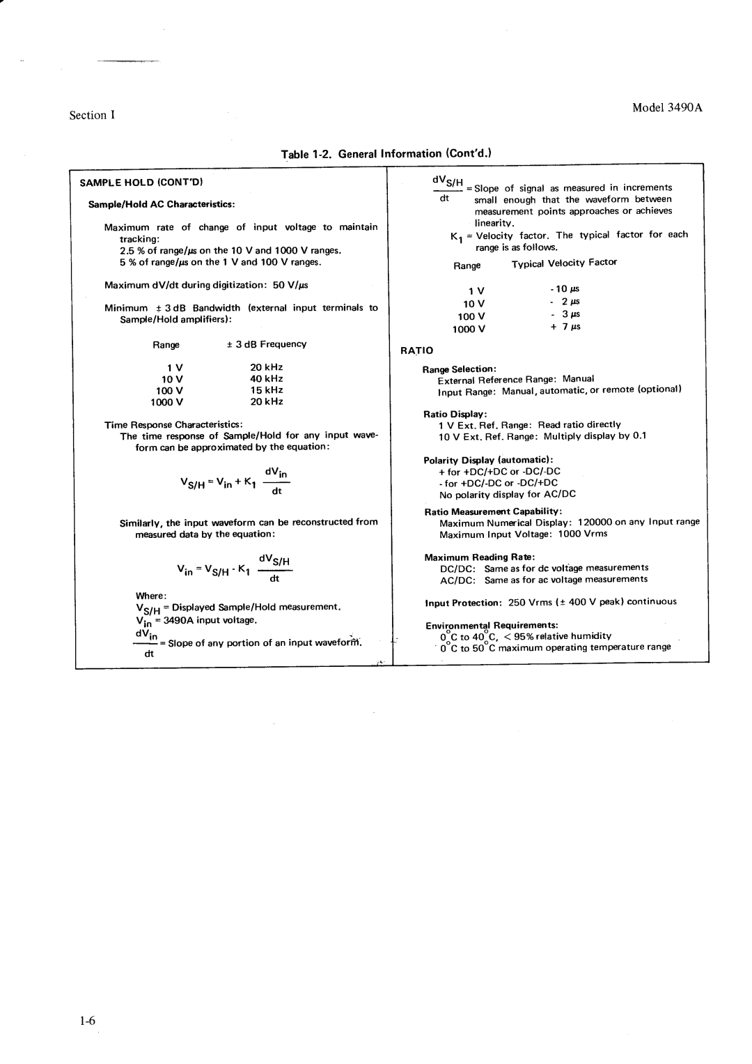 HP Car 3490A manual DVs/u, SectionI Model34904 GenerallnformationContd, Vin = vs/H rl, Dvs/H, Ratio 