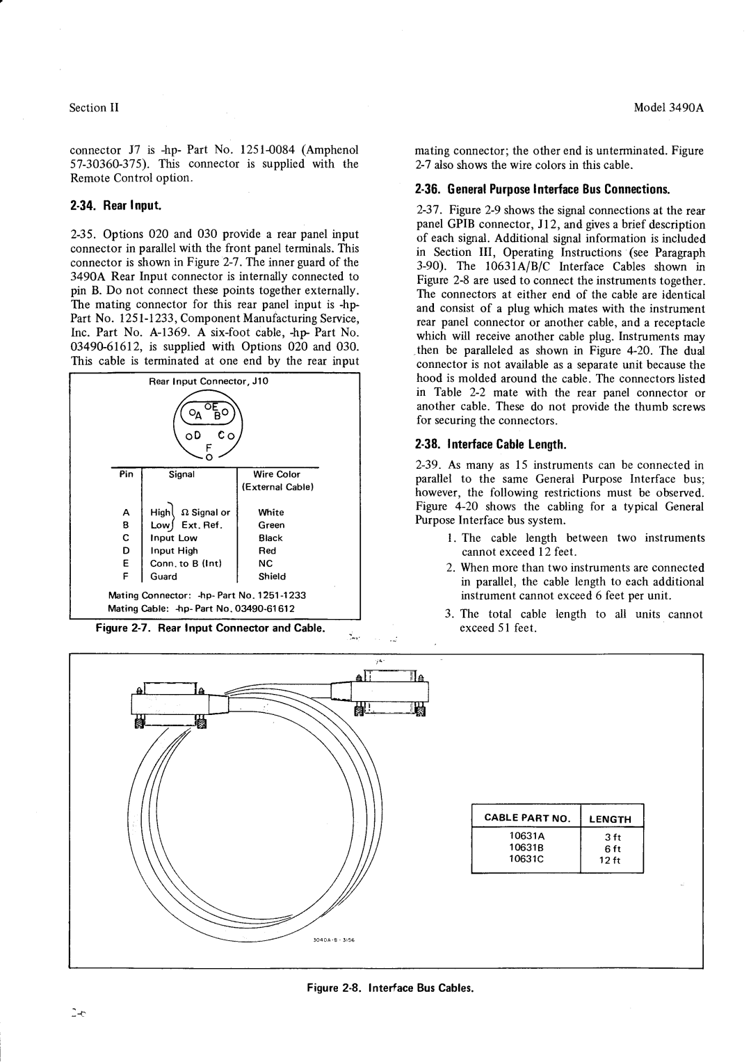 HP Car 3490A manual RearInput, GeneralPurposelnterfaceBusConnections, Cablepart NO. Length, 10631A 6 3 1 10631C 