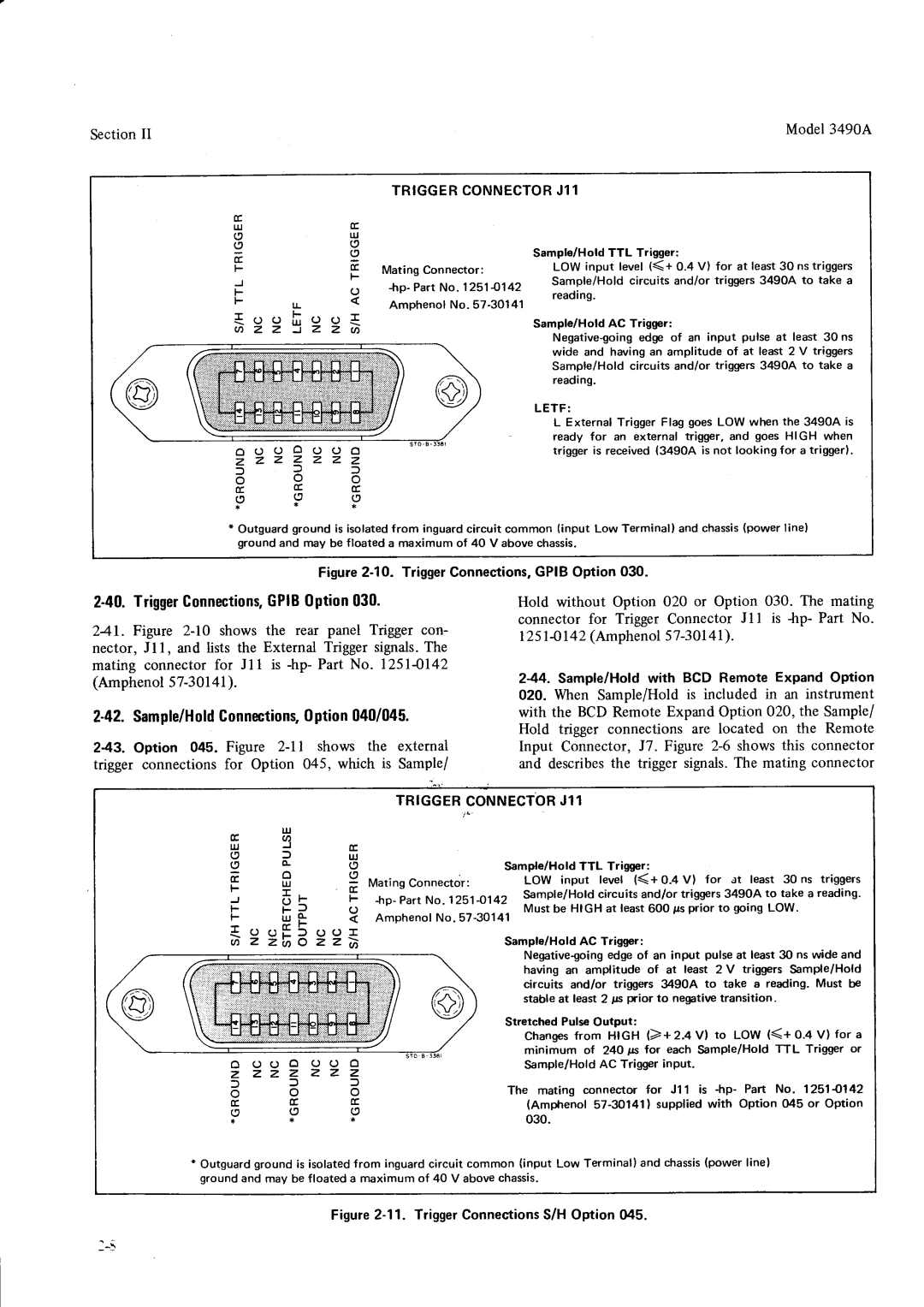 HP Car 3490A manual TriggerConnections,GPIB0ption030, Sample/HoldConnections,0ption040/045 