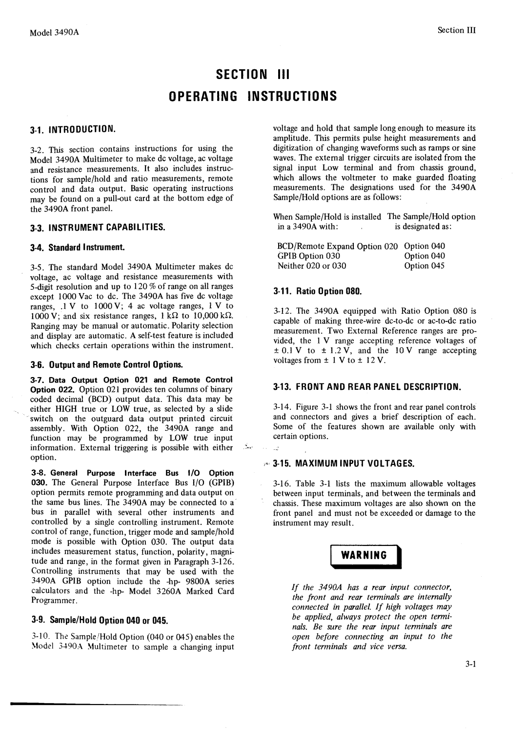 HP Car 3490A manual WARililG, Instbumentcapabilities, 13FRONT.ANDREARPANELOESCRIPTION, 15MAXIMUM.INPUTVOLTAGES 