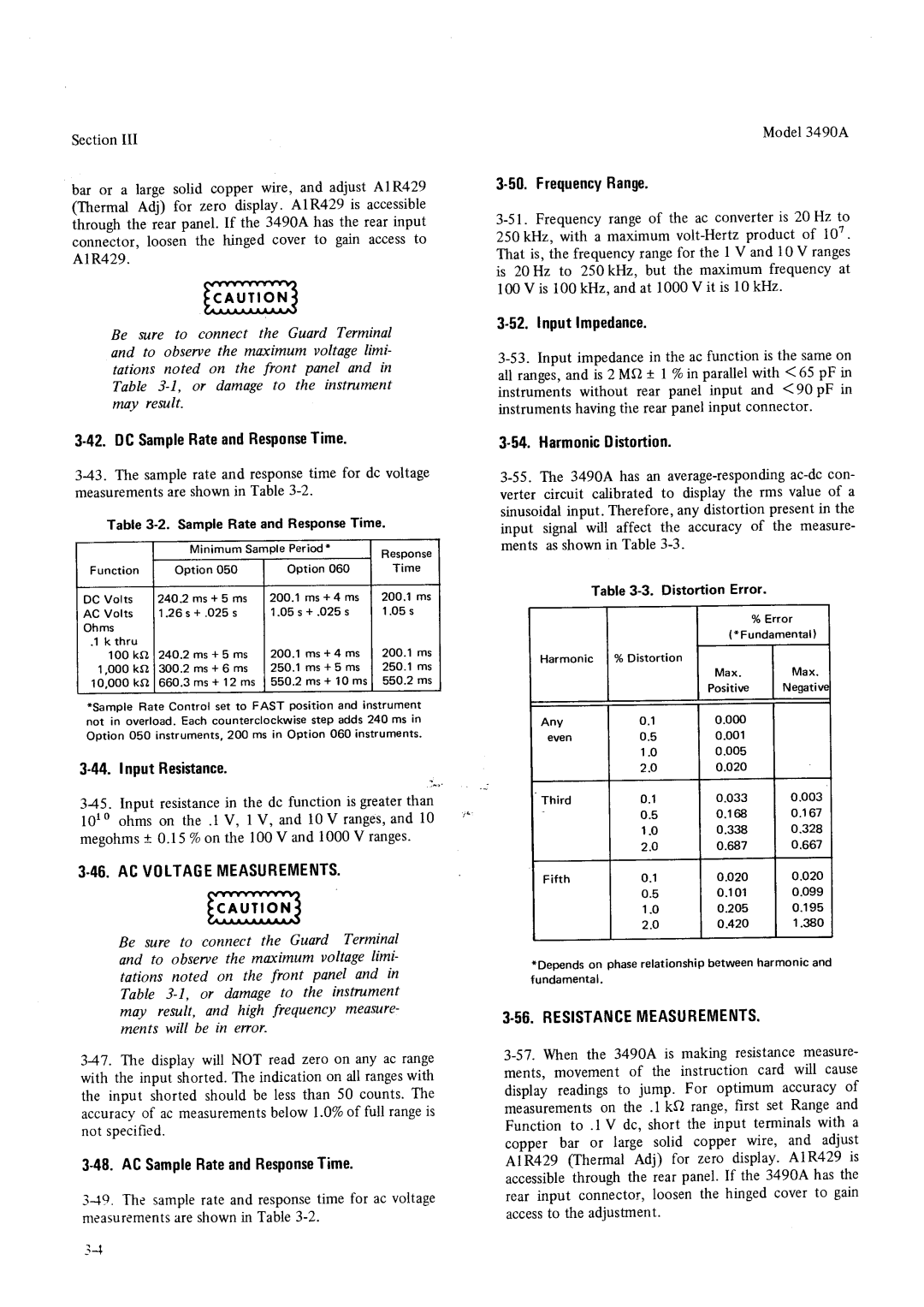 HP Car 3490A manual Acvoltagemeasurements, Resistancemeasurements 