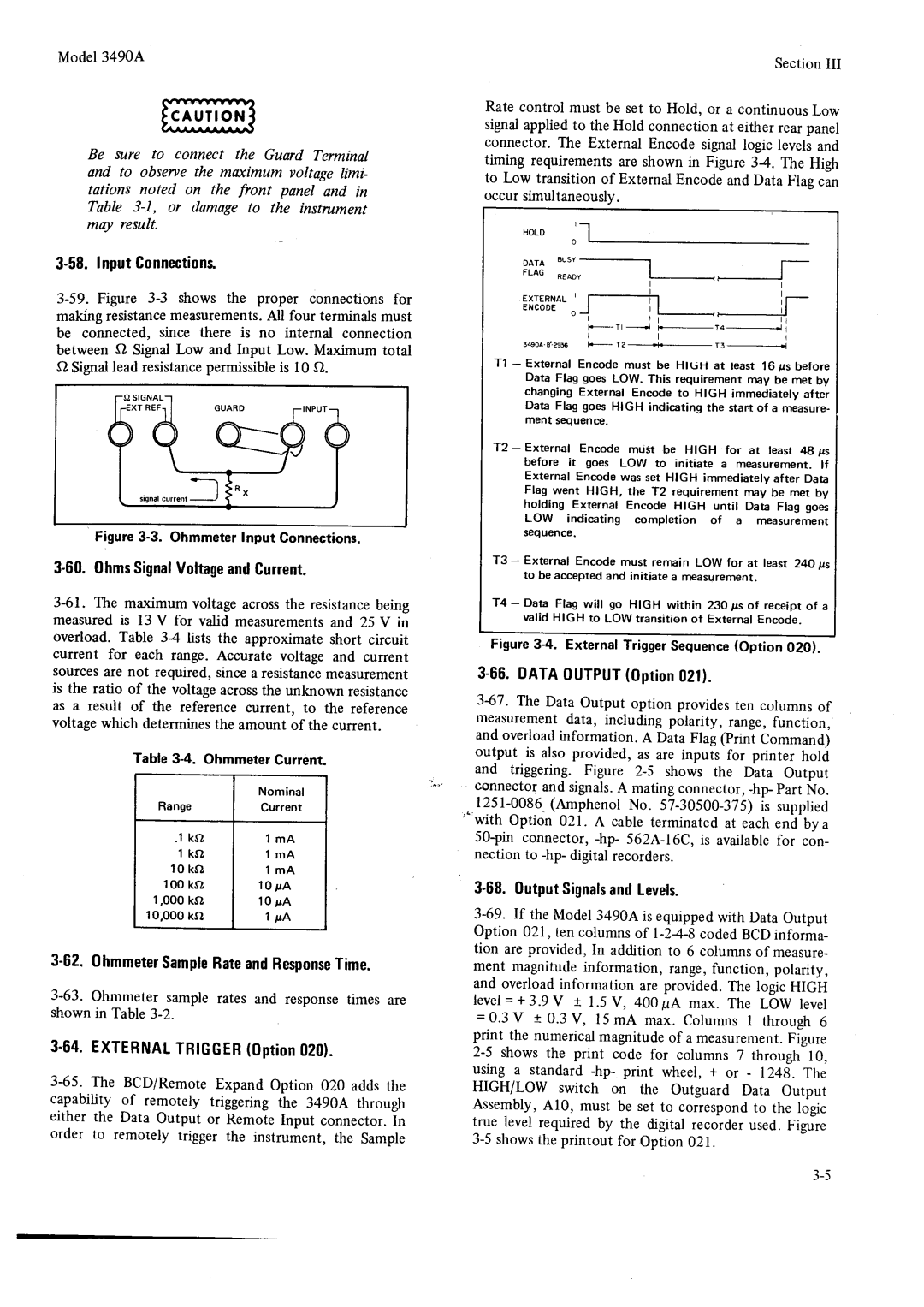 HP Car 3490A InputConnections, 60.0hmsSignalVoltageandCurrent, 62.0hmmeterSampteRateandBesponseTime, DATA0UTPUTOption021 