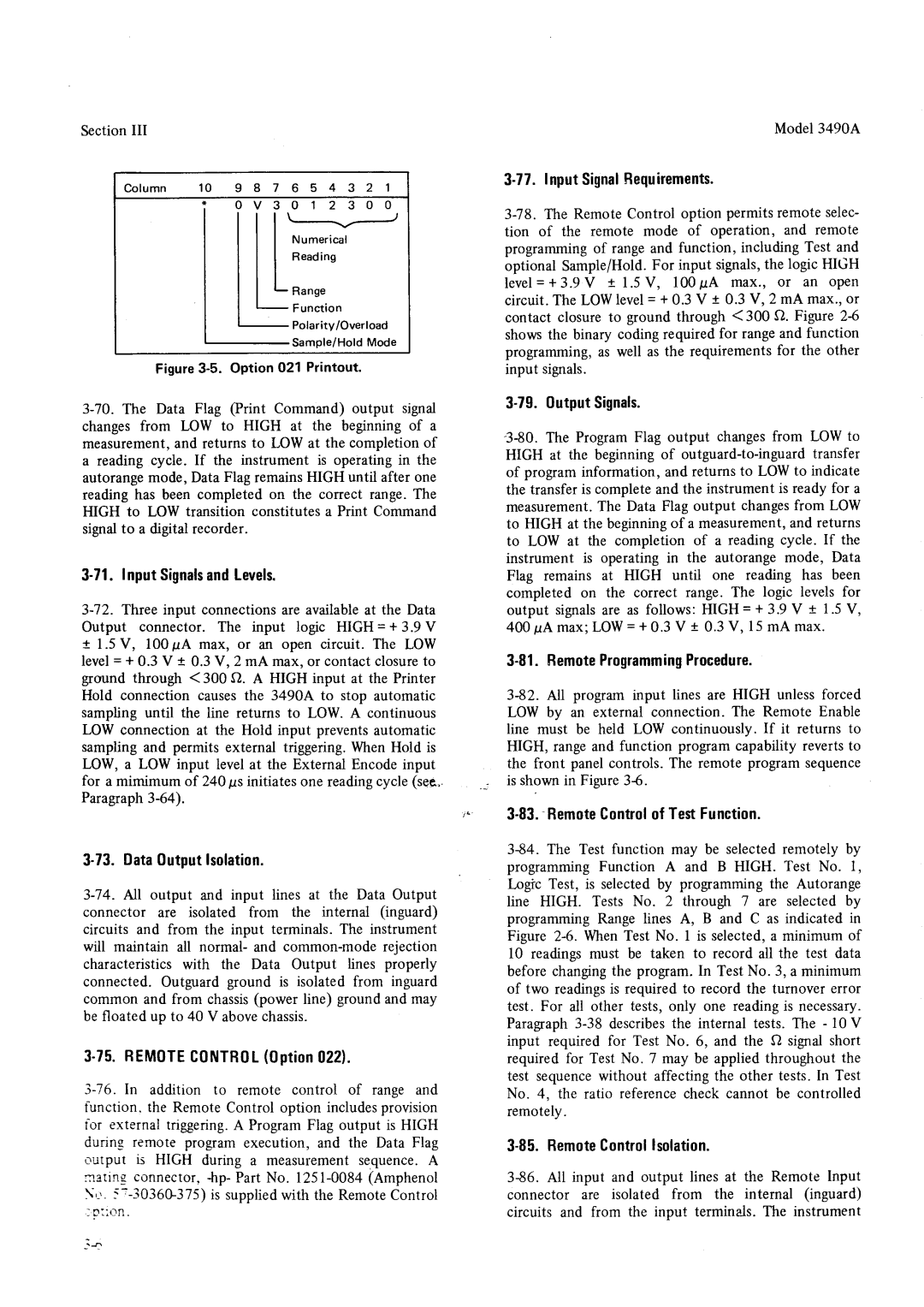 HP Car 3490A manual InputSignalRequirements, InputSignalsandLevels, Data0utputlsolation, 75REMOTE.C0NTROL0ption022 