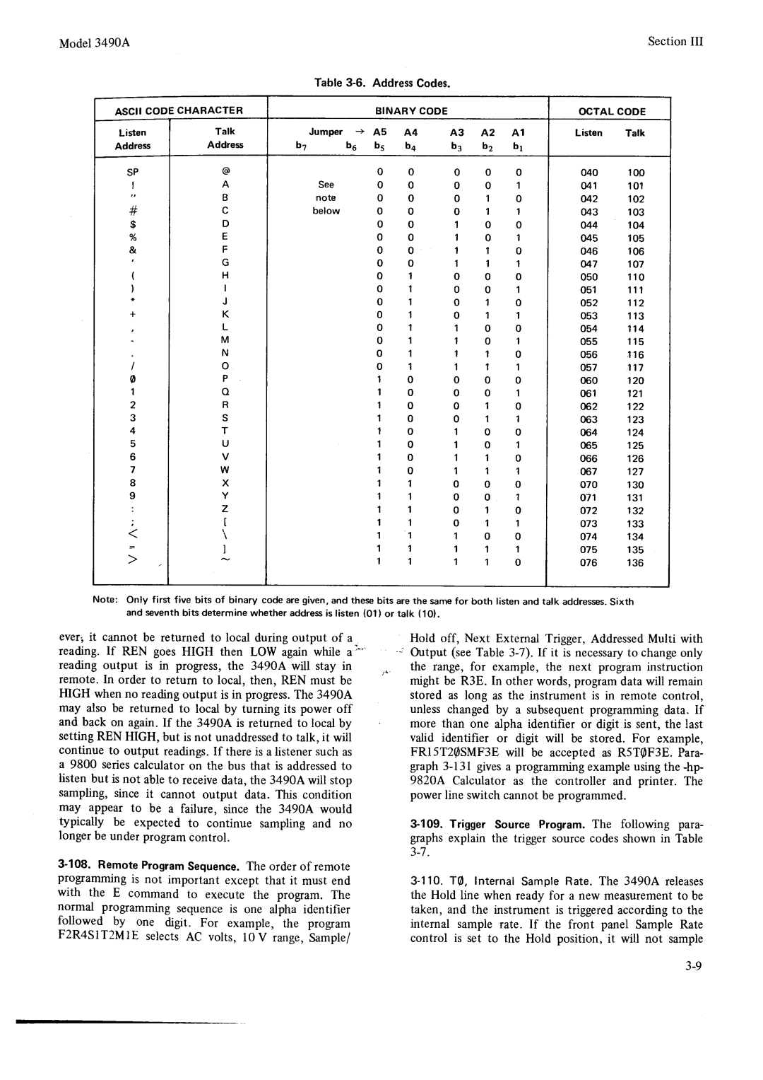 HP Car 3490A manual To7, AddressCodes, Asciicodecharacter Binarycode Octal Code 