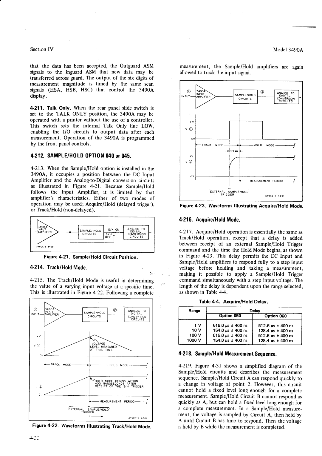 HP Car 3490A +212.SAMPLE/H0tD0PTl0Nll40or045, 216Acquire/Hold.Mode, Figwe 4-23. WaveformslllustratingAcquire/Hold Mode 