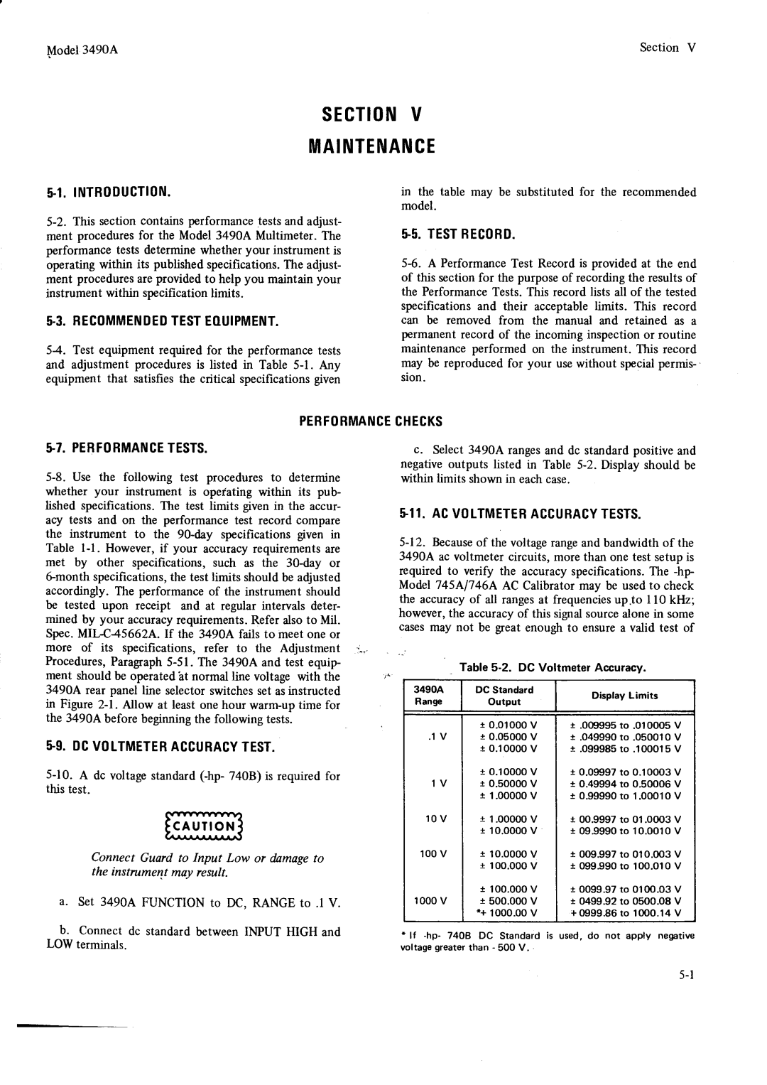 HP Car 3490A TNTB0DUCTIoN, Recommendedtesteouipment, Performancechecks S7. Performancetests, $9. Dcvoltmeteraccuracytest 