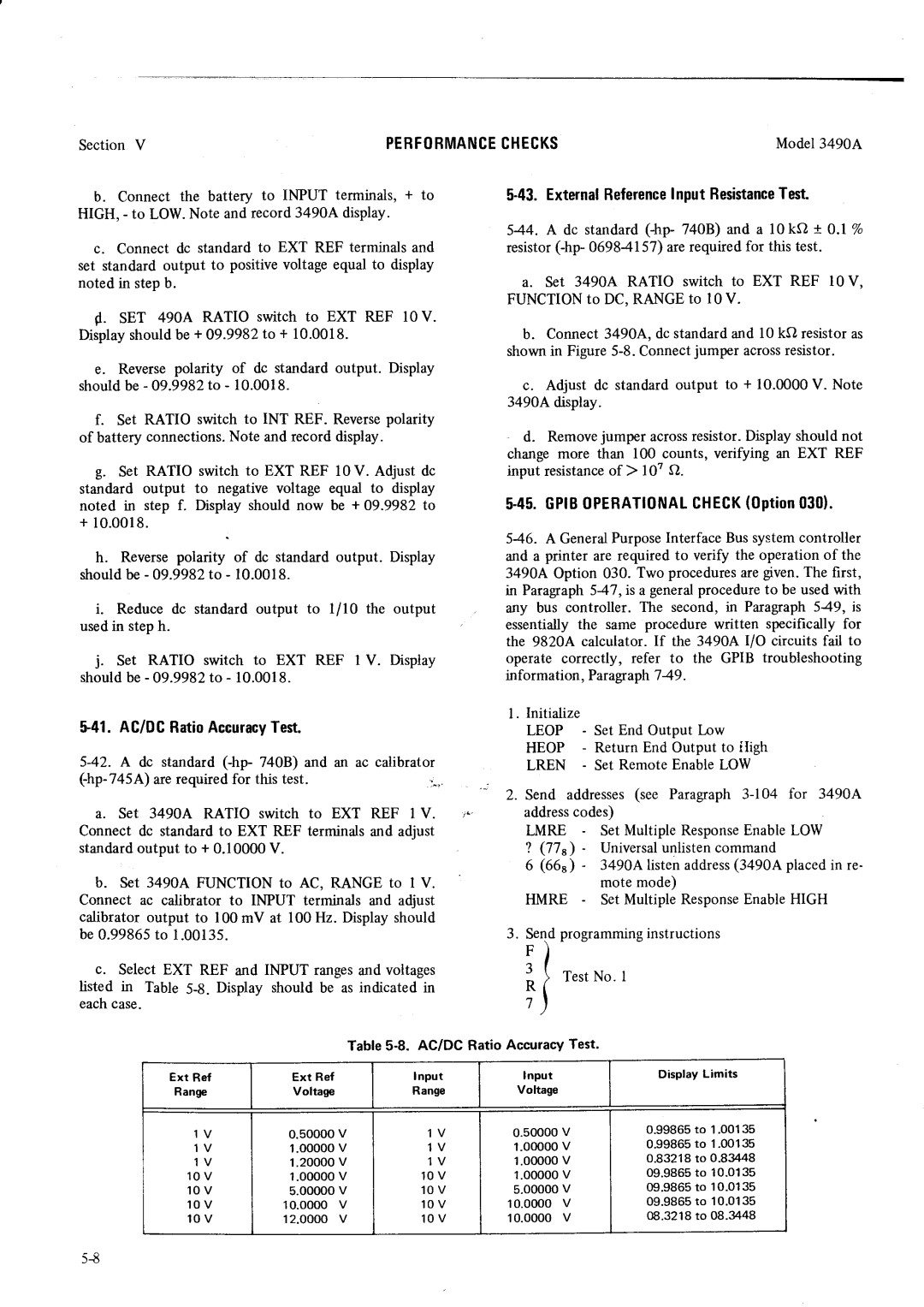 HP Car 3490A manual S41.AC/DCRatioAccuracyTest, ExternalReferenceInputResistanceTest, 45GPIB.0PEBATIONALCHECK0ption030 
