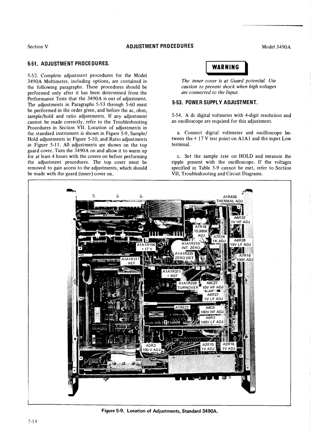 HP Car 3490A manual Procedures, Adjustment, $ 51 .ADJUSTMENTPROCEOURES, Powebsupplyadjustment, 46R28 i lOVLFADJJ 