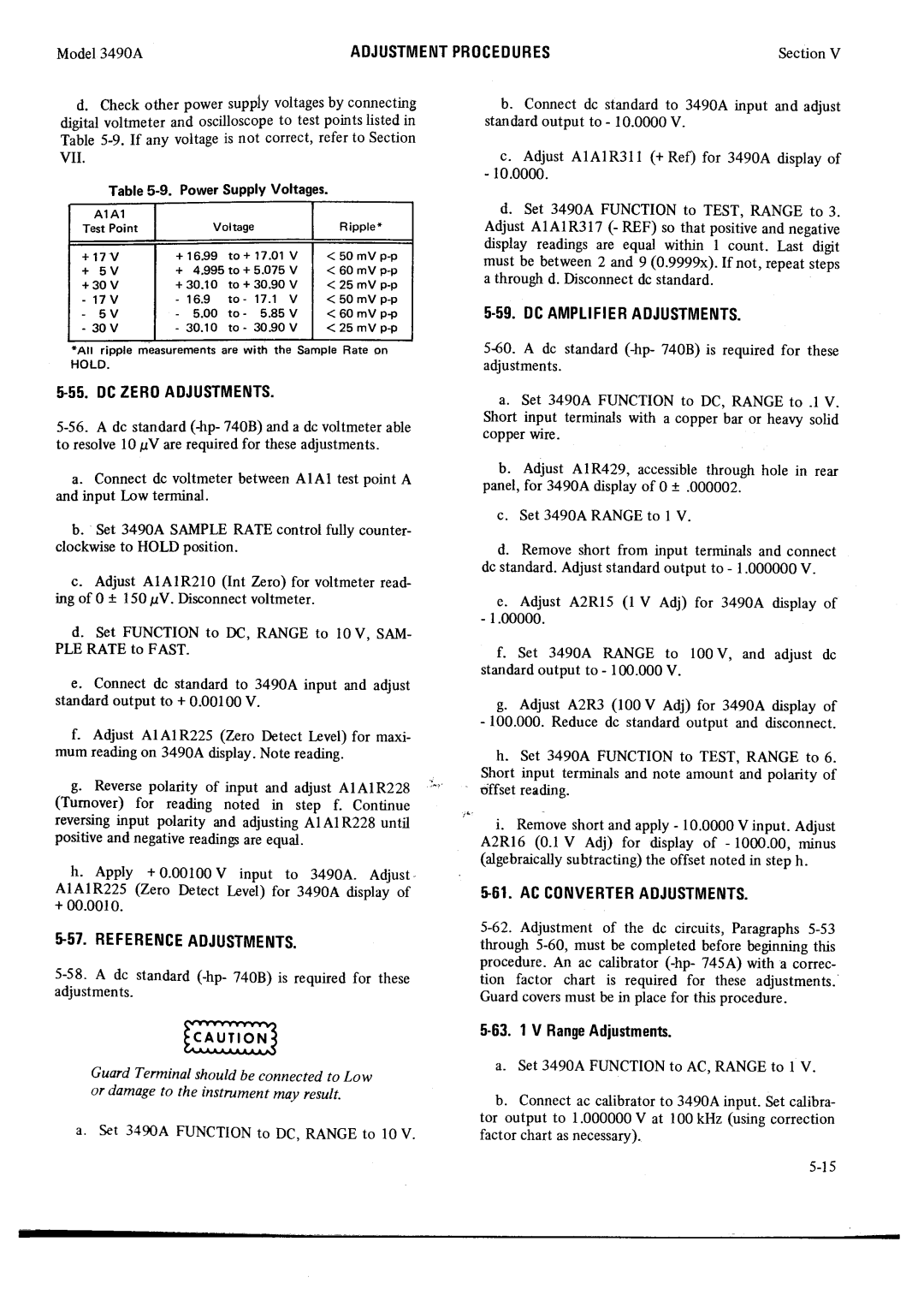 HP Car 3490A manual Model3490AAOJUSTMENTPROCEDURESSectionV, Dczeroadjustments, $57. Referenceadjustments 