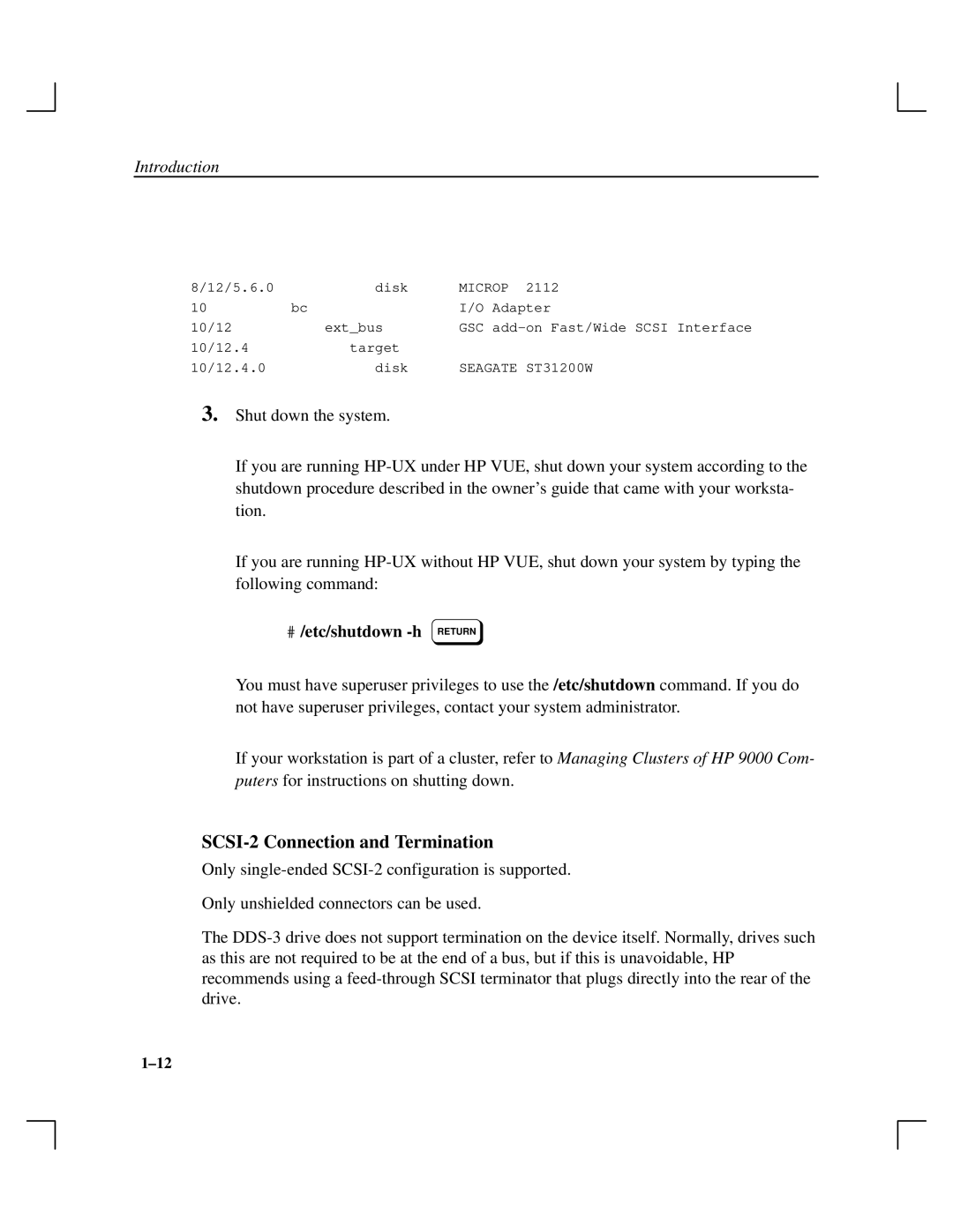 HP Cassette Player DDS-3 manual SCSI-2 Connection and Termination, # /etc/shutdown -h Return 