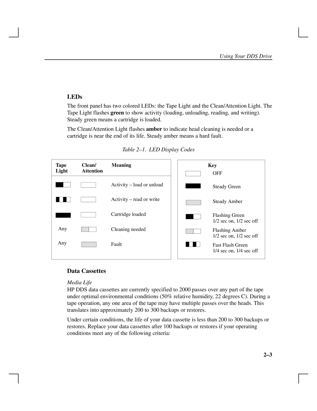 HP Cassette Player DDS-3 manual LEDs, Data Cassettes 