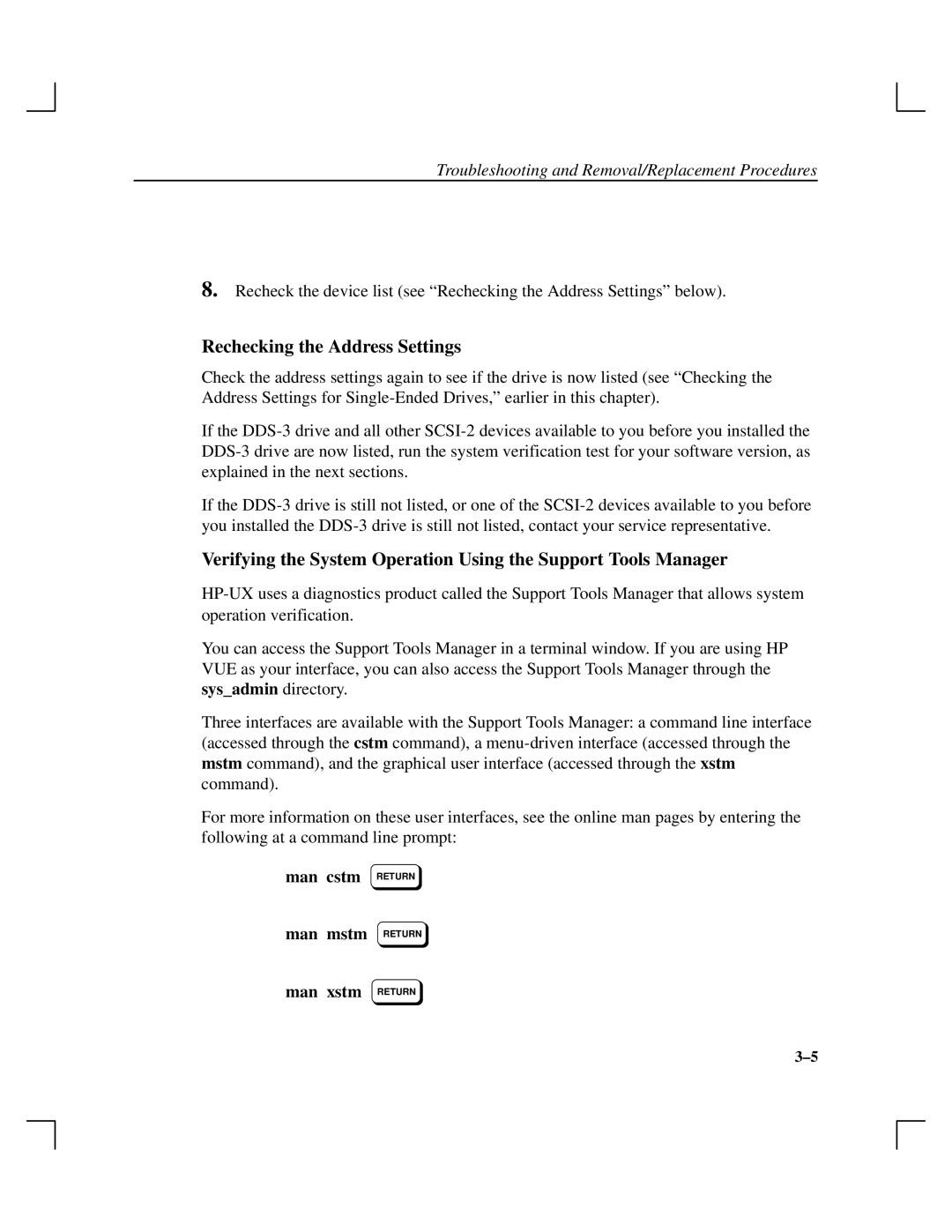 HP Cassette Player DDS-3 manual Rechecking the Address Settings, Man cstm Return Man mstm Return Man xstm Return 