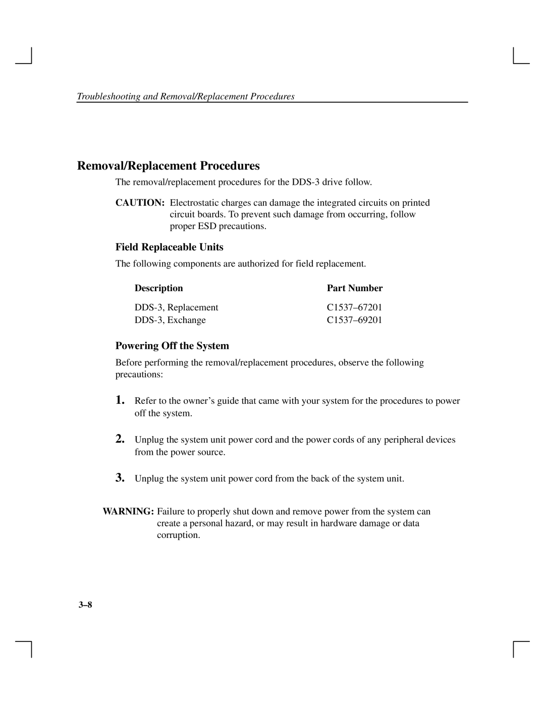 HP Cassette Player DDS-3 Removal/Replacement Procedures, Field Replaceable Units, Powering Off the System, Description 