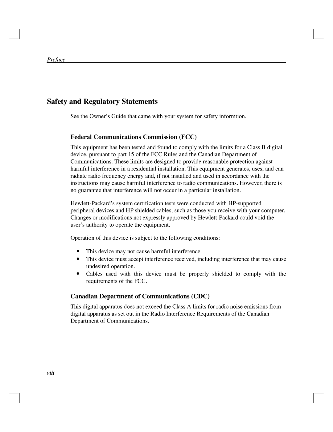 HP Cassette Player DDS-3 manual Safety and Regulatory Statements, Federal Communications Commission FCC 