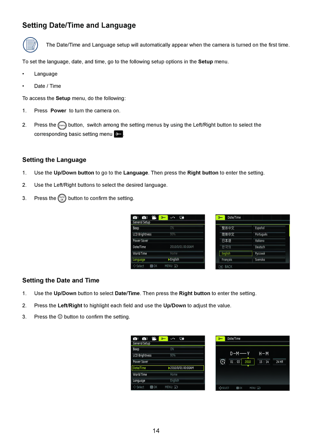 HP CC-330 manual Setting Date/Time and Language, Setting the Language, Setting the Date and Time 