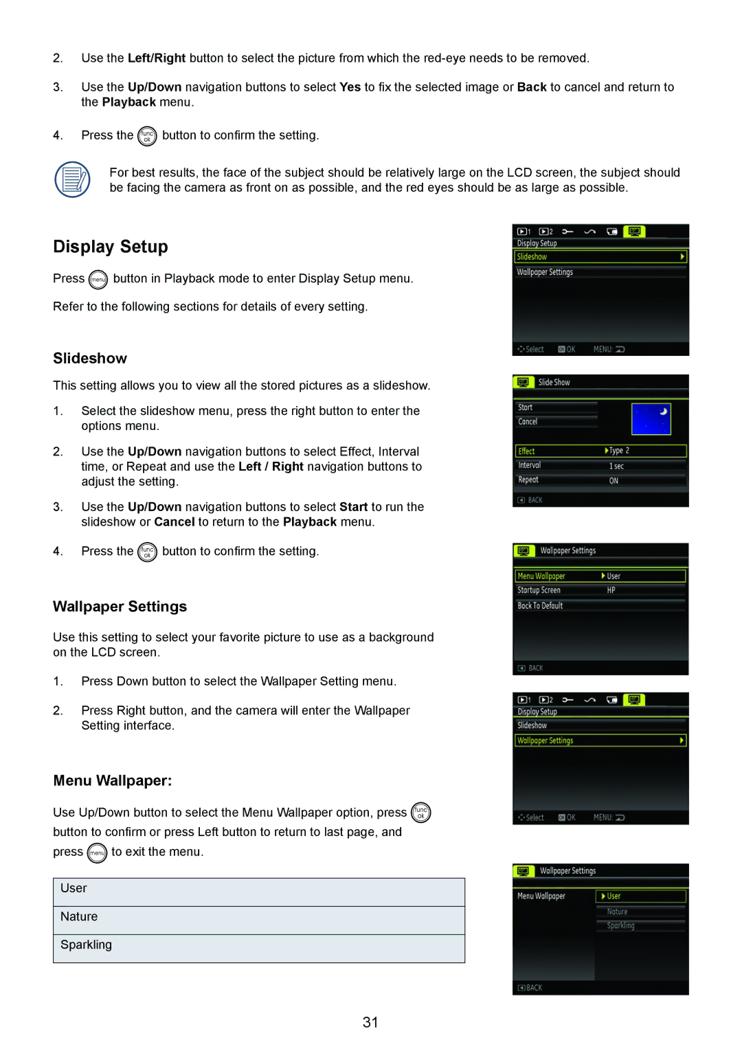 HP CC-330 manual Display Setup, Slideshow, Wallpaper Settings, Menu Wallpaper 