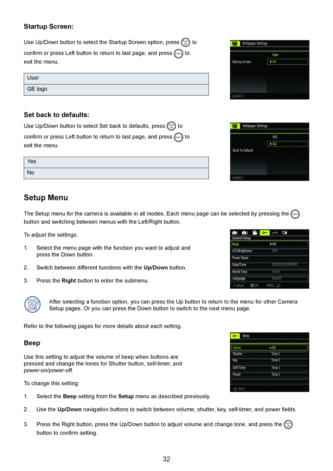 HP CC-330 manual Setup Menu, Startup Screen, Set back to defaults, Beep 