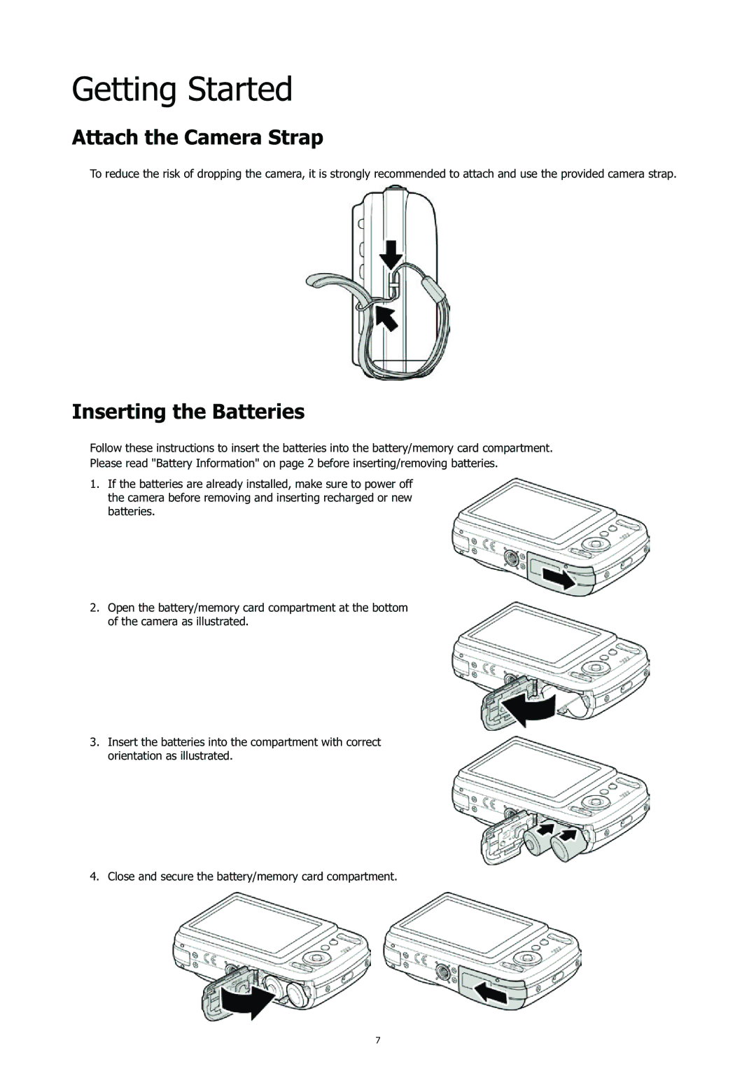 HP CC-450 manual Getting Started, Attach the Camera Strap, Inserting the Batteries 