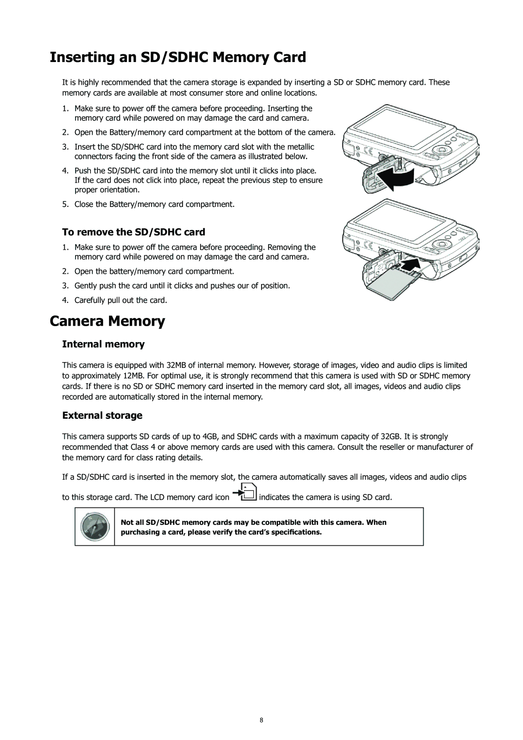 HP CC-450 Inserting an SD/SDHC Memory Card, Camera Memory, To remove the SD/SDHC card, Internal memory, External storage 