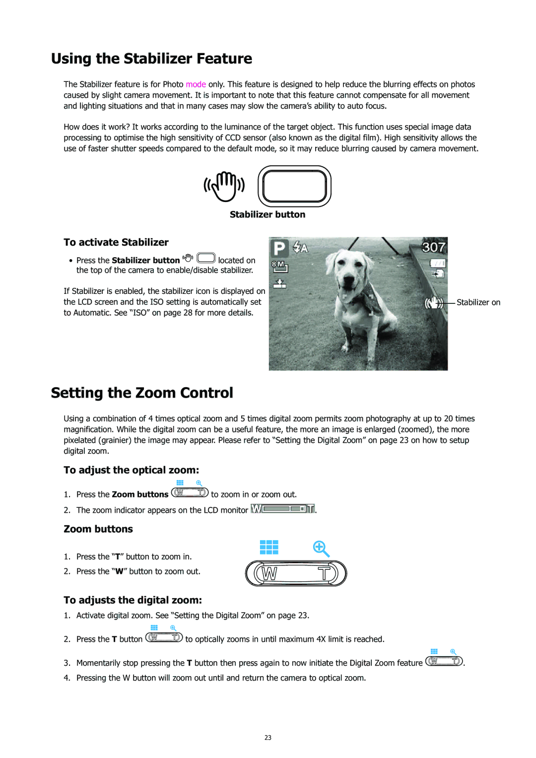 HP CC-450 manual Using the Stabilizer Feature, Setting the Zoom Control 