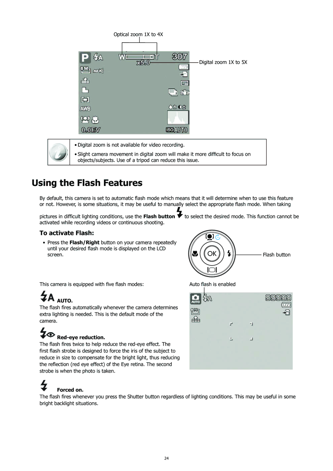 HP CC-450 manual Using the Flash Features, To activate Flash, Red-eye reduction, Forced on 