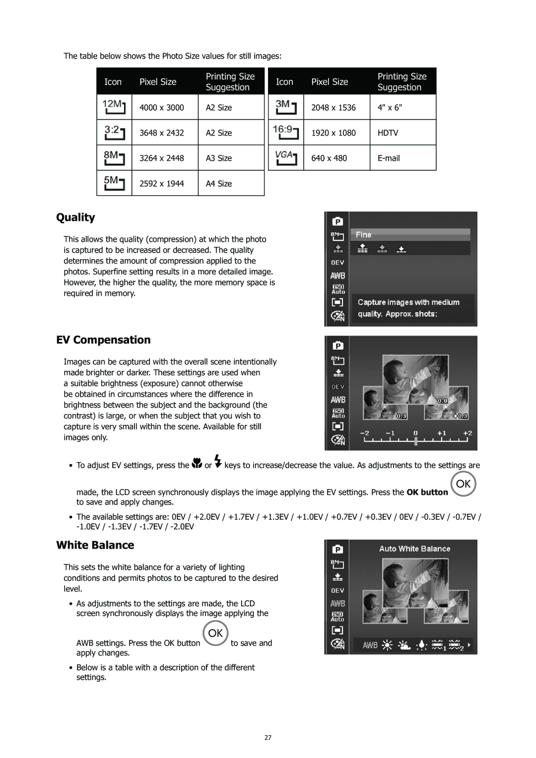 HP CC-450 manual Quality, EV Compensation, White Balance 