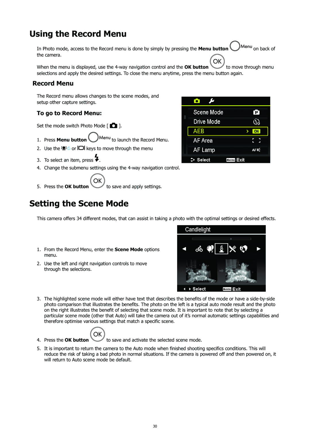 HP CC-450 manual Using the Record Menu, Setting the Scene Mode, To go to Record Menu, Press Menu button 