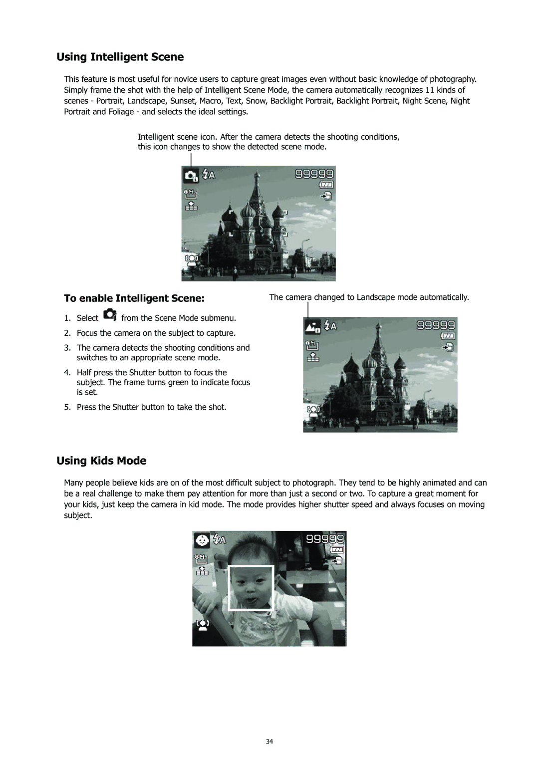 HP CC-450 manual Using Intelligent Scene, Using Kids Mode, To enable Intelligent Scene 