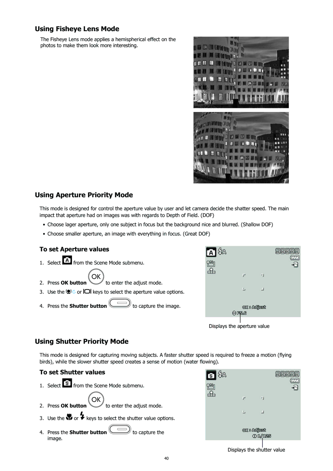 HP CC-450 manual Using Fisheye Lens Mode, Using Aperture Priority Mode, Using Shutter Priority Mode, To set Aperture values 