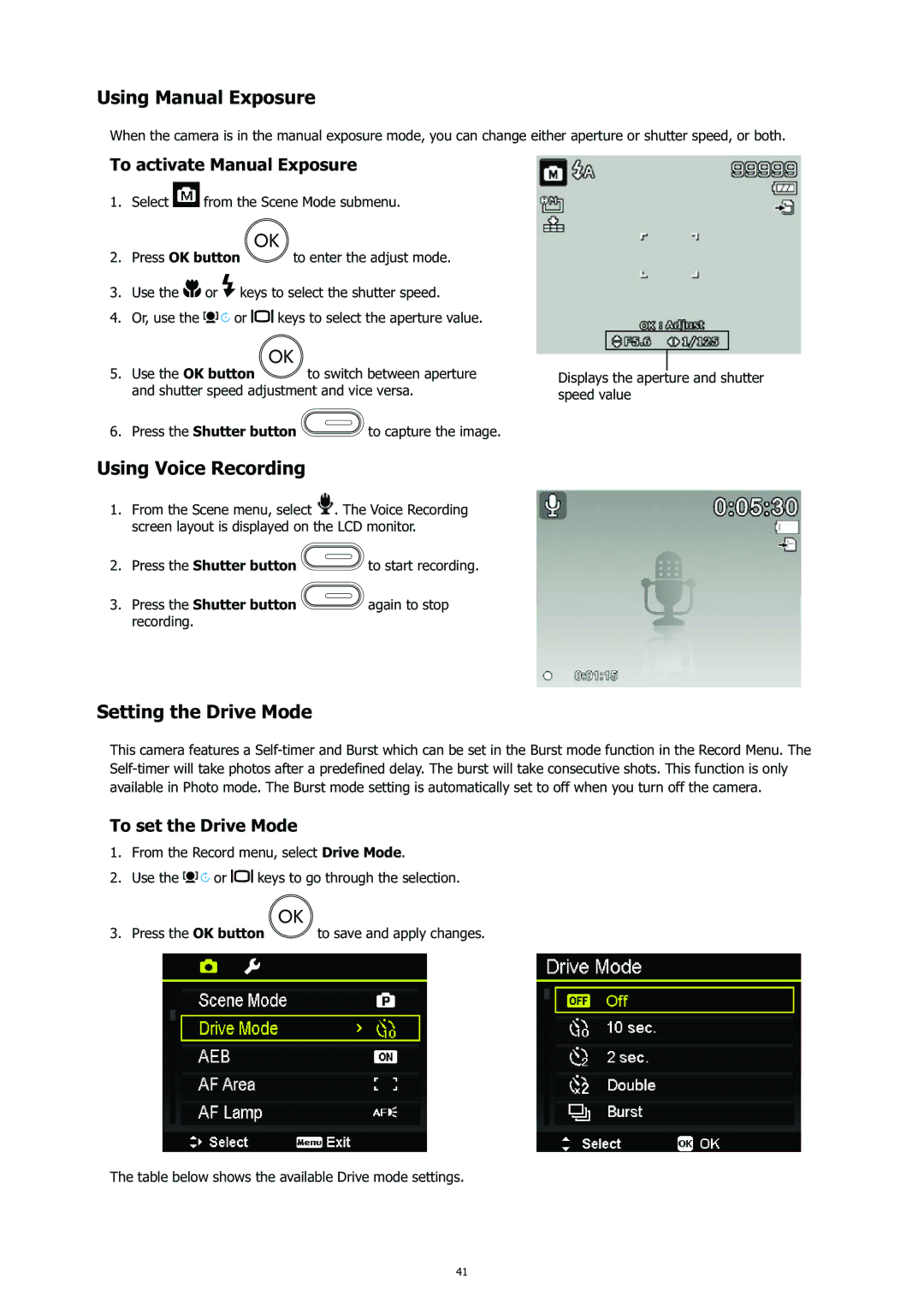 HP CC-450 manual Using Manual Exposure, Using Voice Recording, Setting the Drive Mode, To activate Manual Exposure 