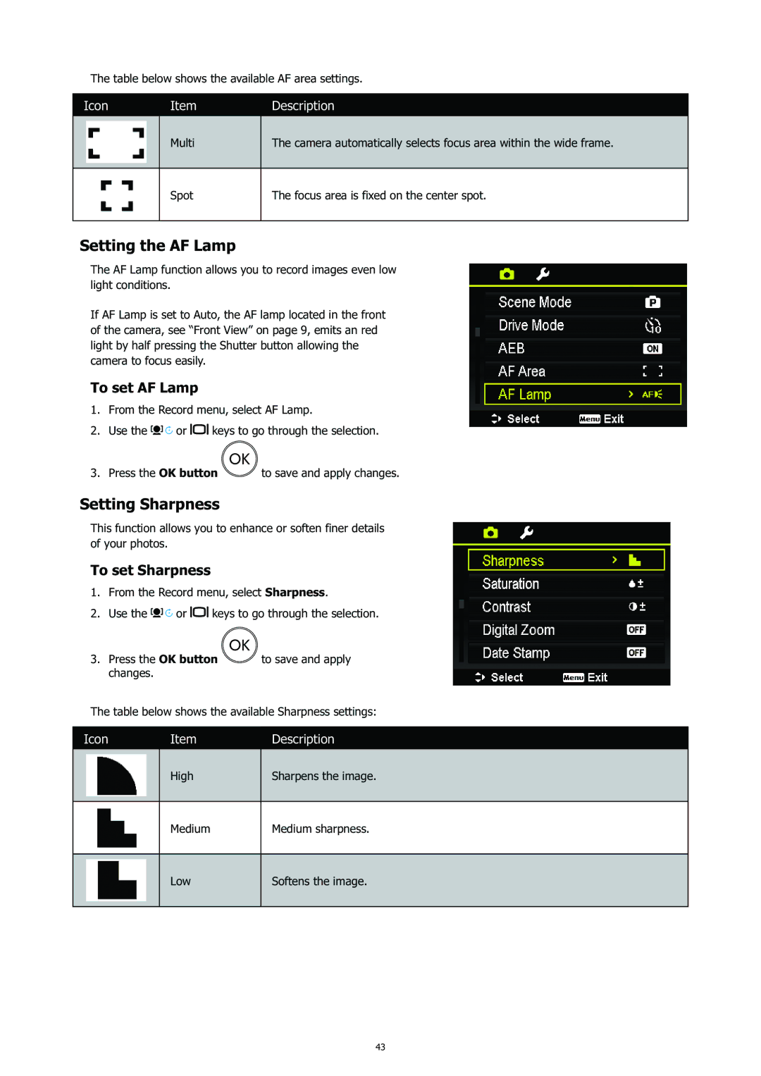 HP CC-450 manual Setting the AF Lamp, Setting Sharpness, To set AF Lamp, To set Sharpness 