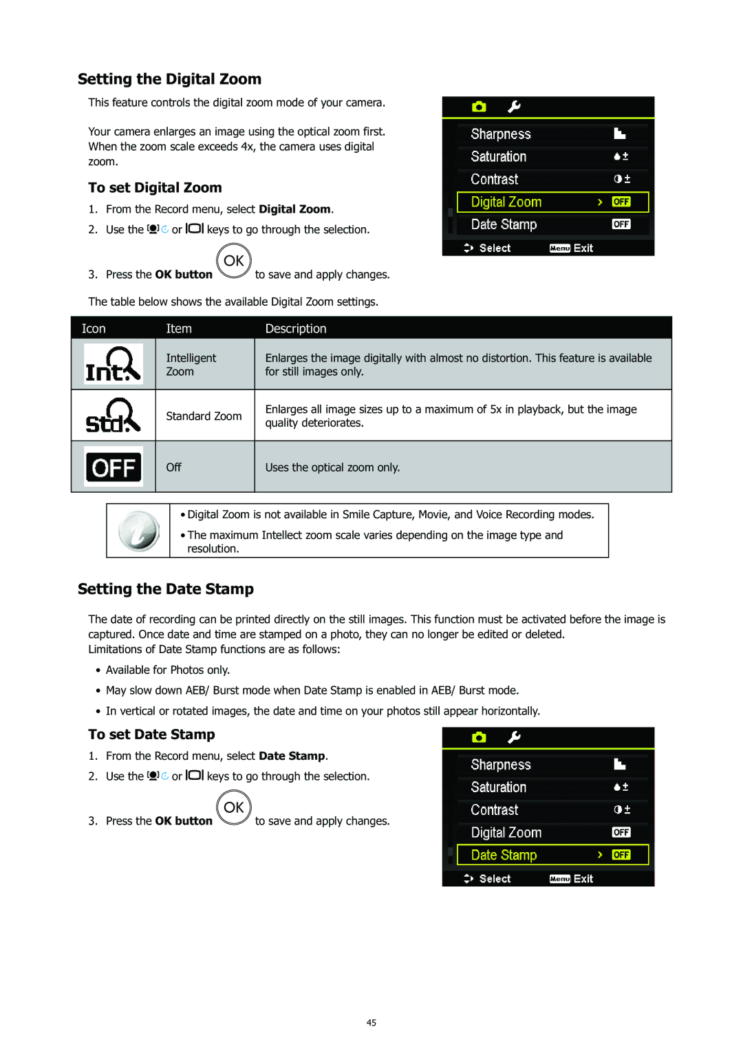 HP CC-450 manual Setting the Digital Zoom, Setting the Date Stamp, To set Digital Zoom, To set Date Stamp 