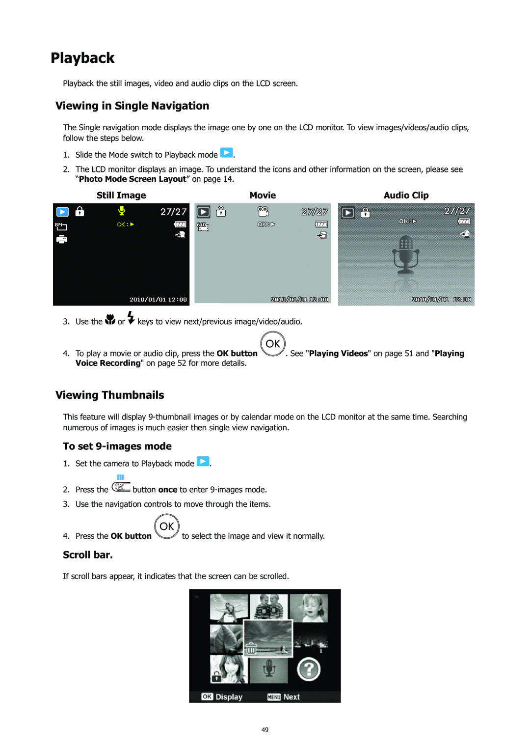 HP CC-450 manual Playback, Viewing in Single Navigation, Viewing Thumbnails, To set 9-images mode, Scroll bar 