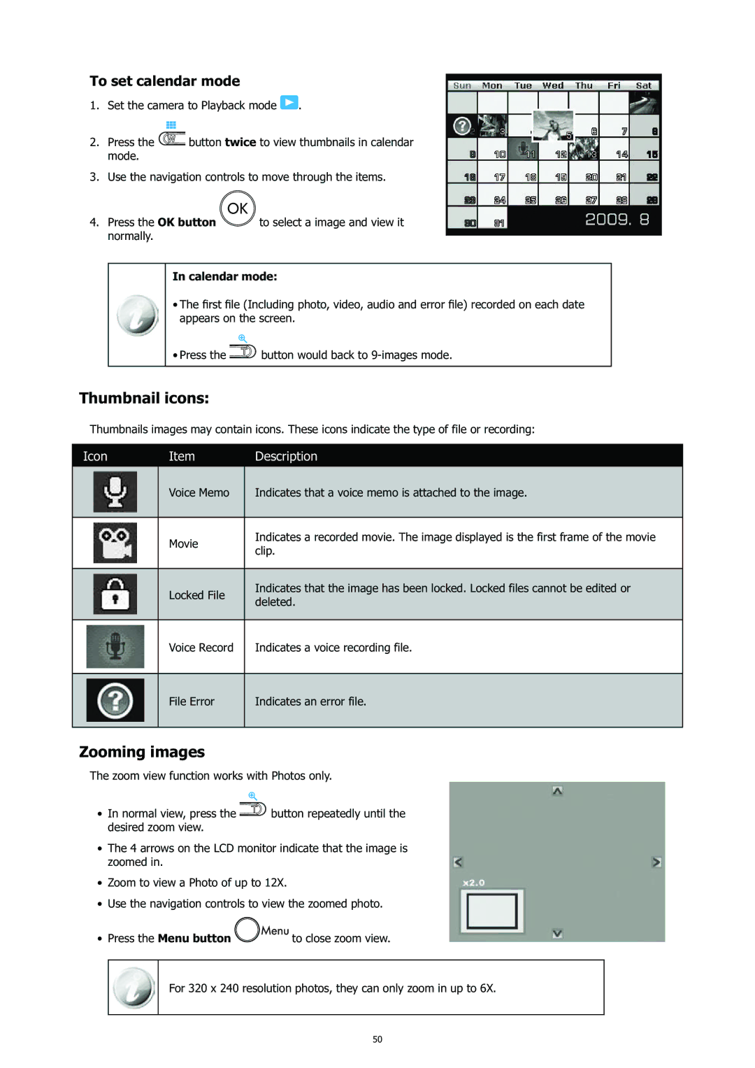 HP CC-450 manual Thumbnail icons, Zooming images, To set calendar mode, Calendar mode 