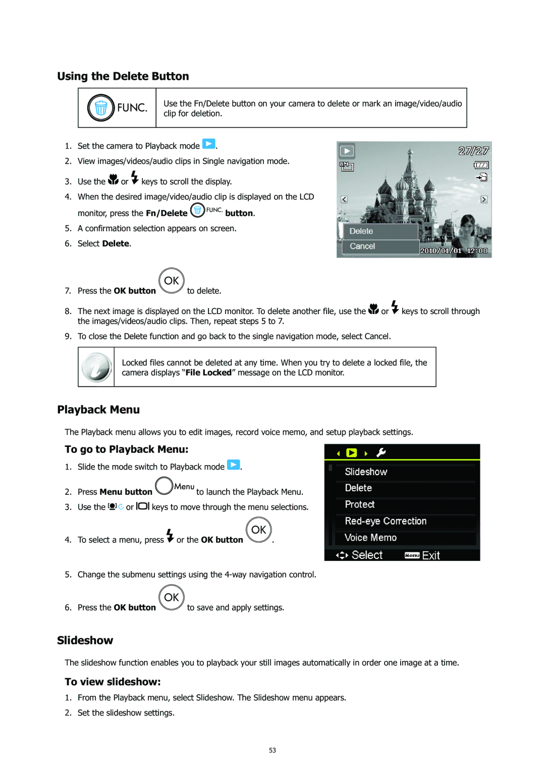 HP CC-450 manual Using the Delete Button, Slideshow, To go to Playback Menu, To view slideshow 