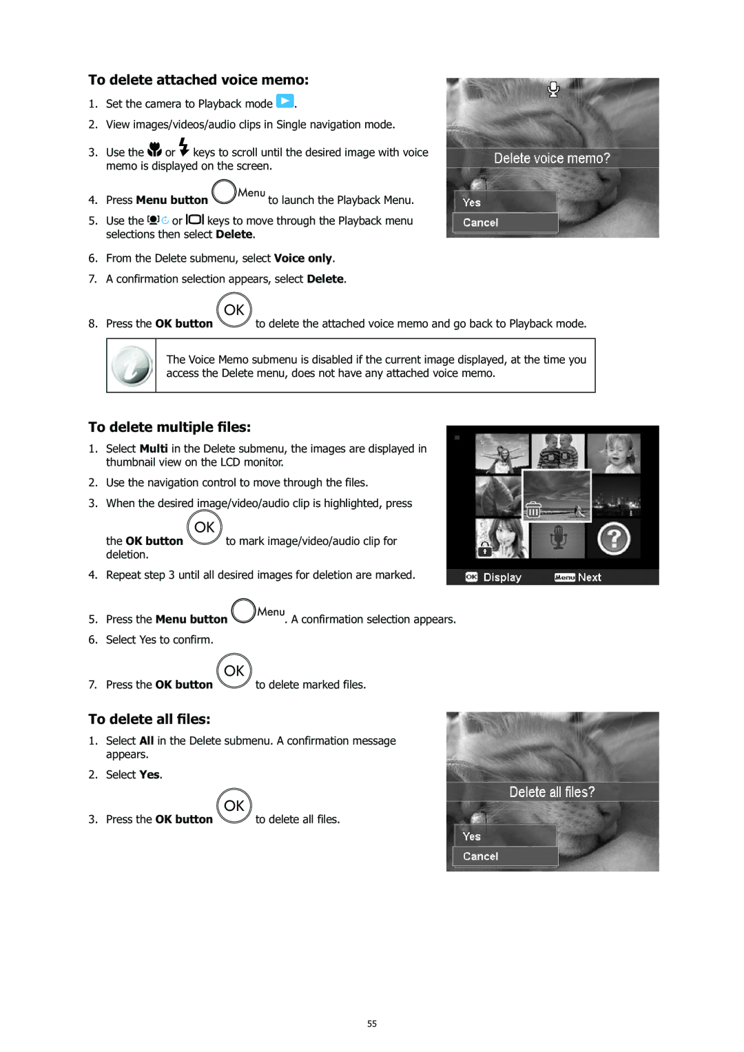 HP CC-450 manual To delete attached voice memo, To delete multiple ﬁles, To delete all ﬁles, Press the Menu button 