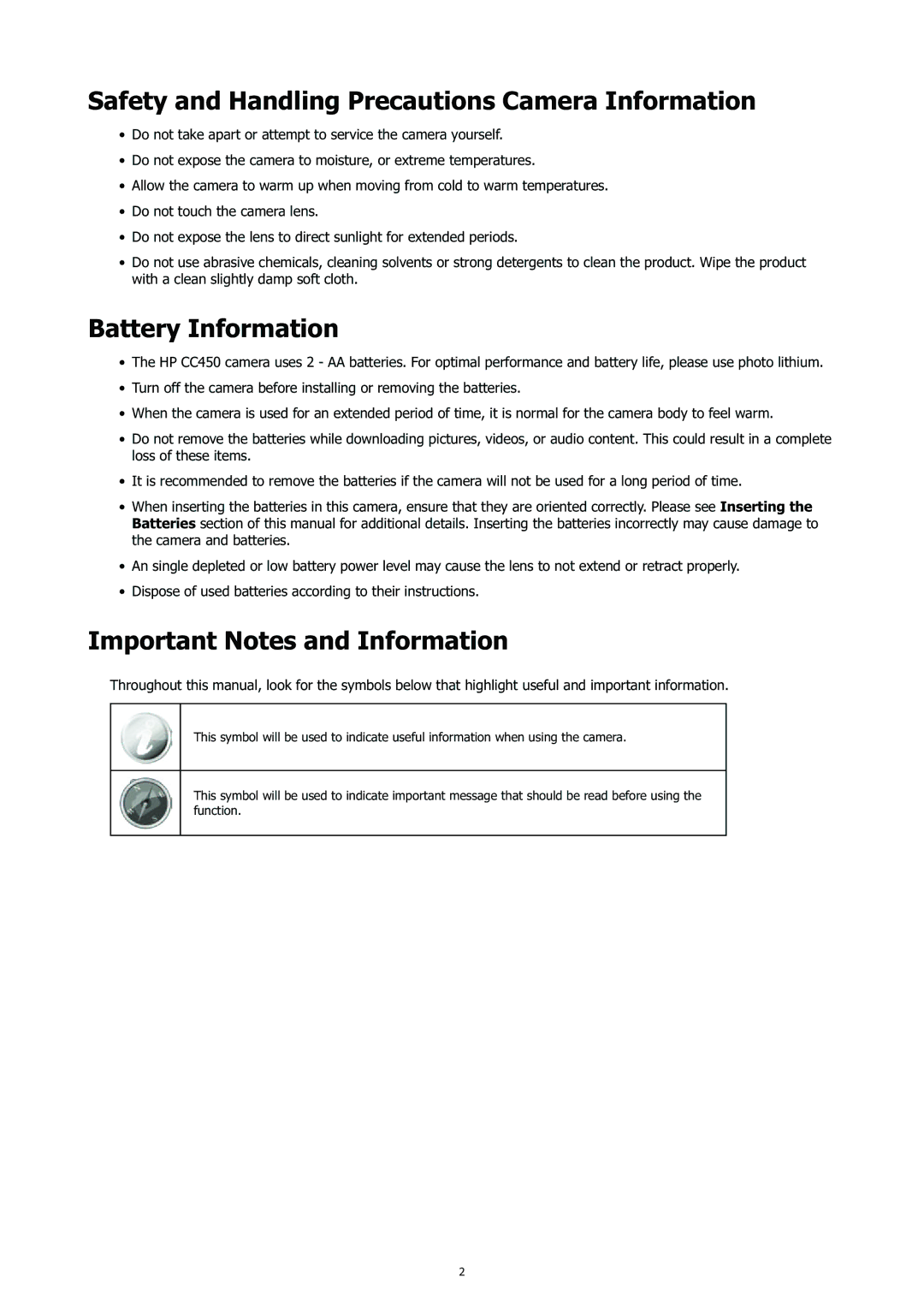 HP CC-450 manual Safety and Handling Precautions Camera Information, Battery Information, Important Notes and Information 