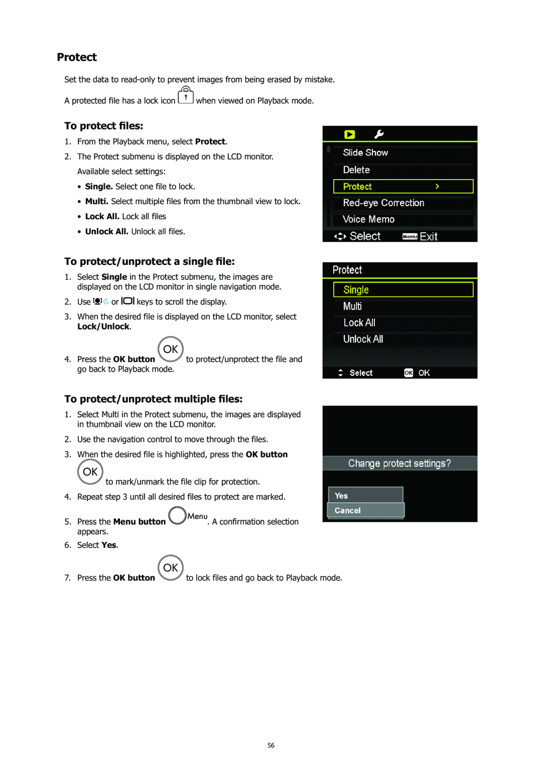 HP CC-450 manual Protect, To protect ﬁles, To protect/unprotect a single ﬁle, To protect/unprotect multiple ﬁles 