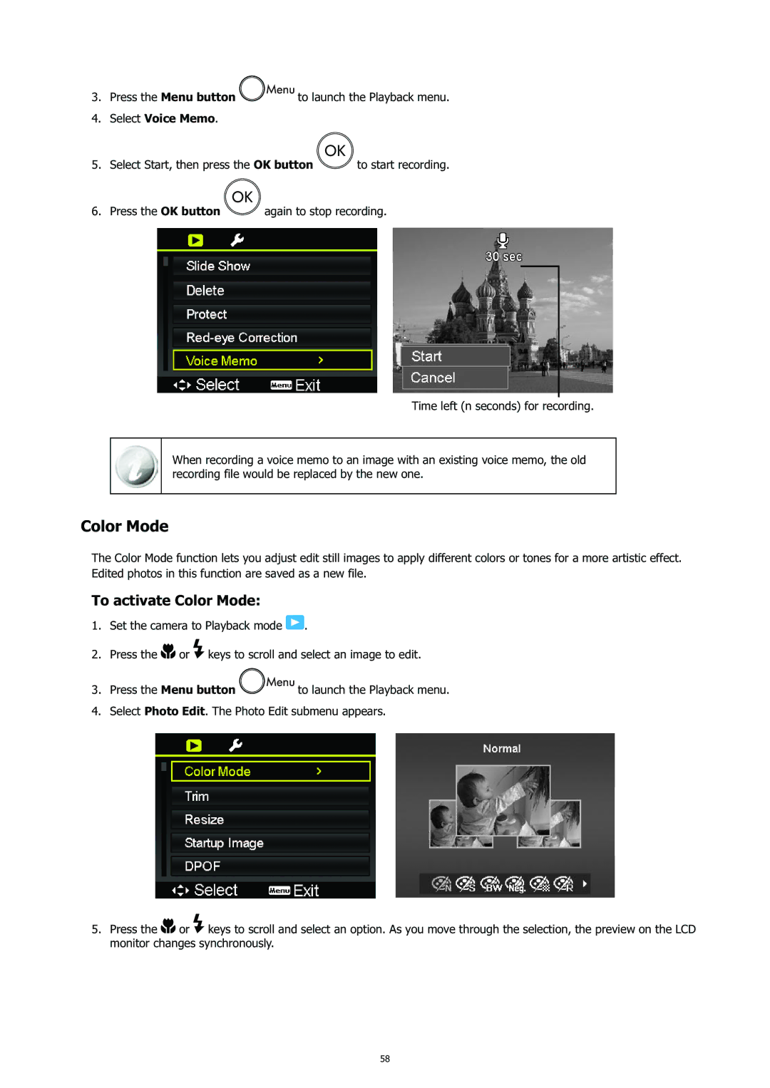 HP CC-450 manual To activate Color Mode, Select Voice Memo 