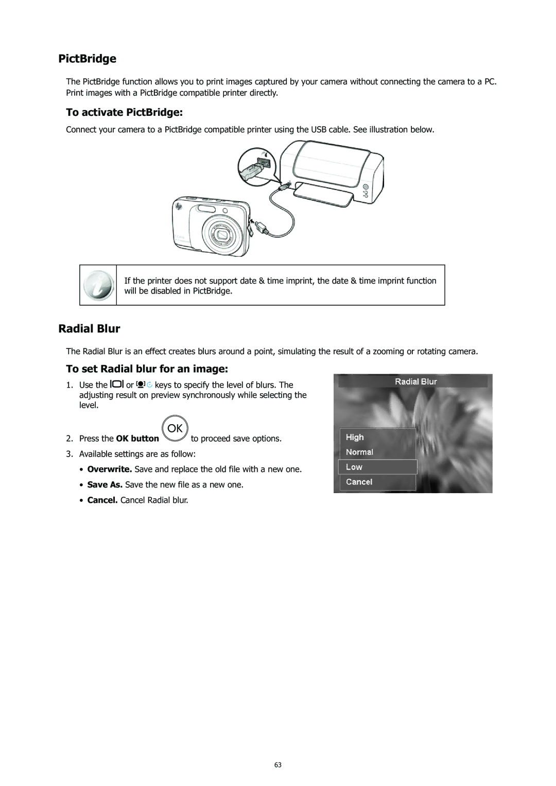 HP CC-450 manual Radial Blur, To activate PictBridge, To set Radial blur for an image 