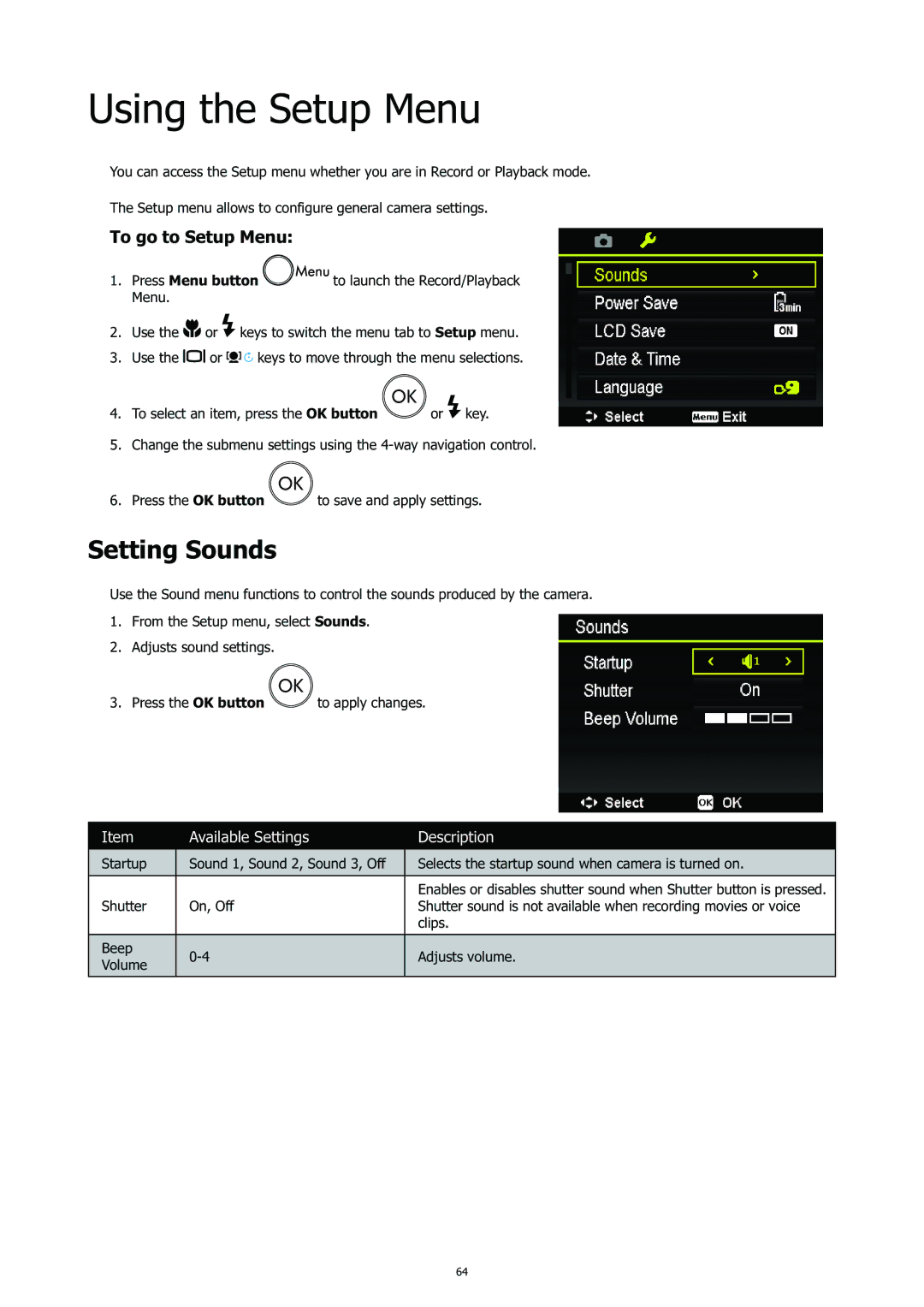 HP CC-450 manual Using the Setup Menu, Setting Sounds, To go to Setup Menu 