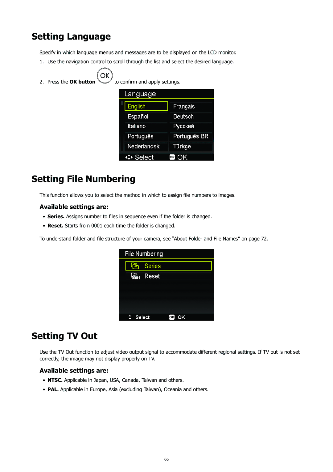 HP CC-450 manual Setting Language, Setting File Numbering, Setting TV Out, Available settings are 