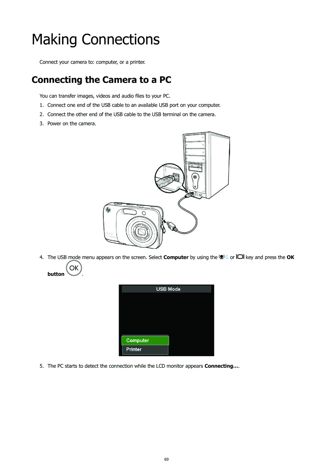 HP CC-450 manual Making Connections, Connecting the Camera to a PC, Button 