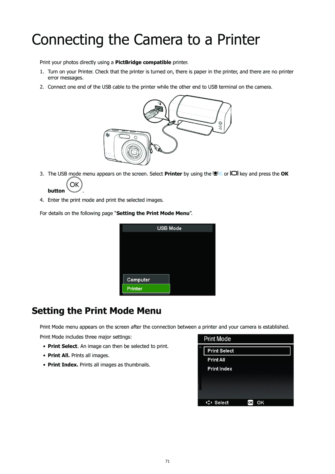 HP CC-450 manual Connecting the Camera to a Printer, Setting the Print Mode Menu 