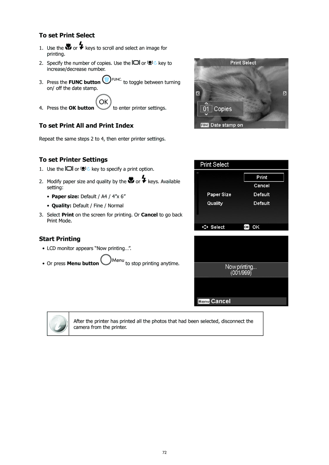 HP CC-450 manual To set Print Select, To set Print All and Print Index, To set Printer Settings, Start Printing 