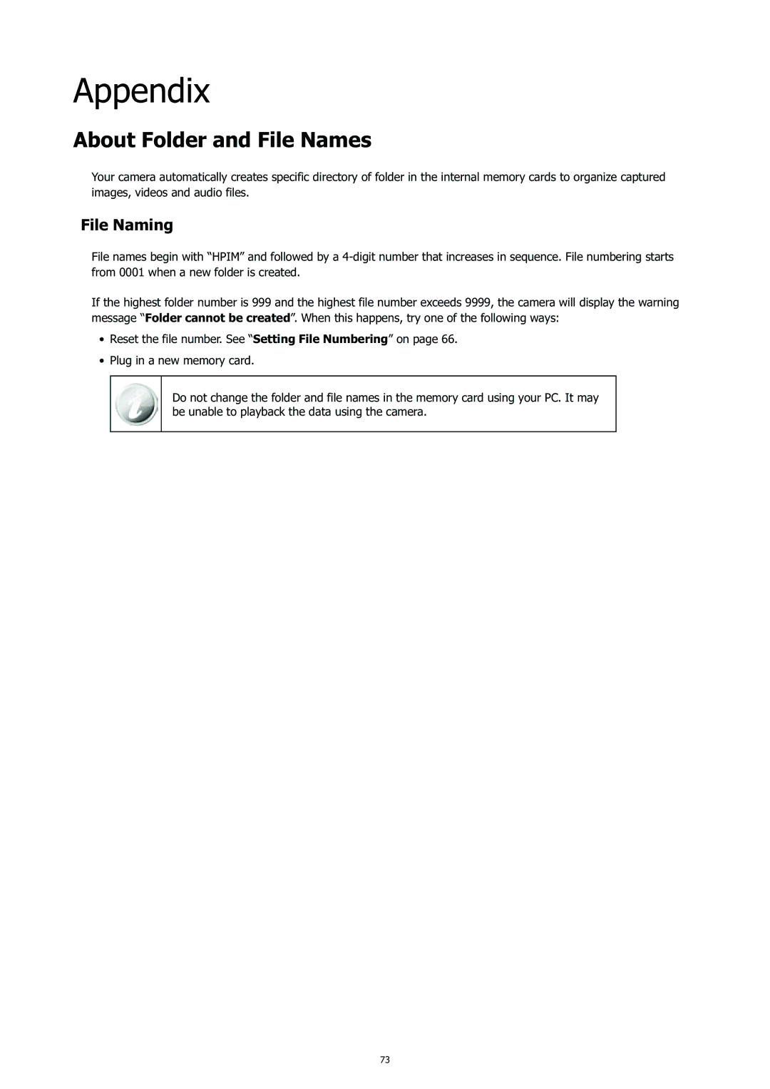 HP CC-450 manual Appendix, About Folder and File Names, File Naming 