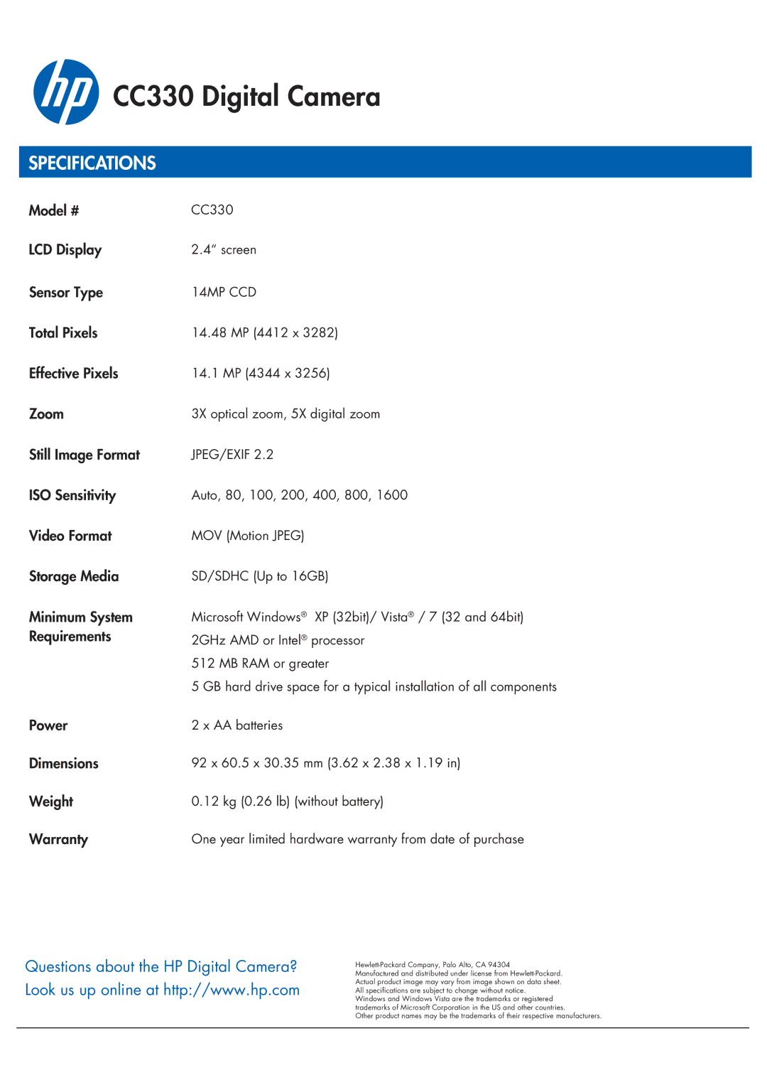 HP CC330 Model #, LCD Display, Sensor Type, Total Pixels, Effective Pixels, Zoom, Still Image Format, ISO Sensitivity 